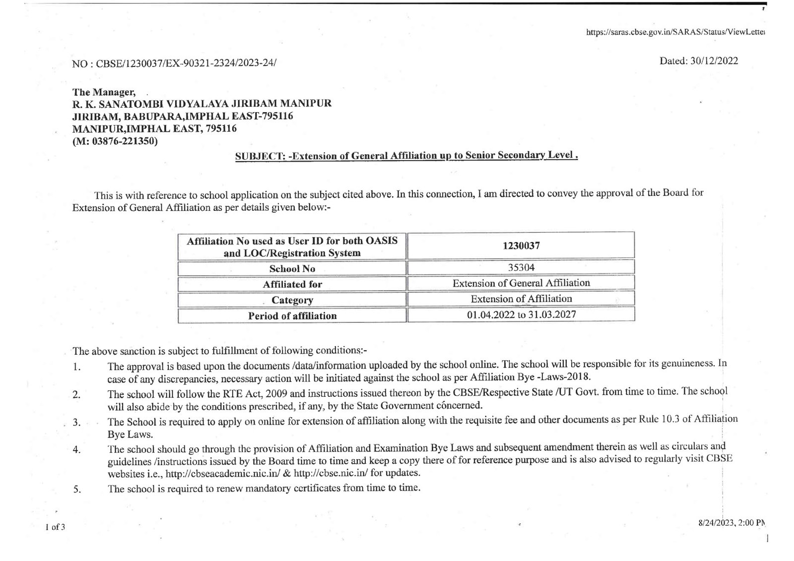 Extension of Affiliation letter